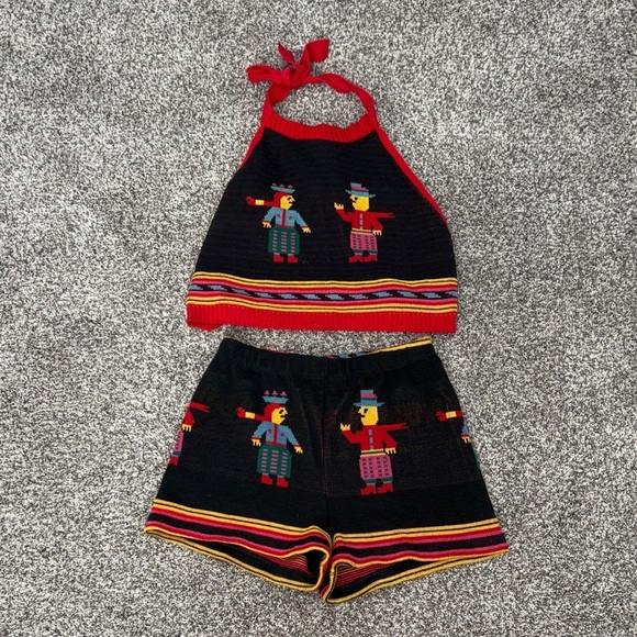 Betsey Johnson Pants - 1970s Betsey Johnson Alley Cat Knit Two Piece Halter Set in Happy People Print